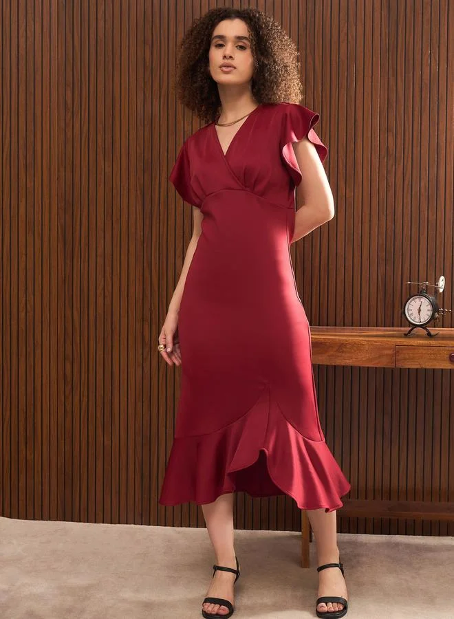 Sassafras  Women Maroon Satin Frill Midi Dress for Women | Best Price UAE